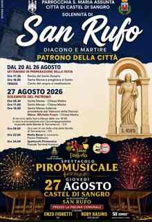 Locandina della solennità di San Rufo 2026 a Castel di Sangro con programma liturgico e spettacolo piromusicale del 27 agosto