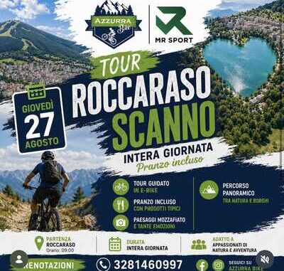 Volantino del tour in e-bike Roccaraso-Scanno di Azzurra Bike e MR Sport, giovedì 27 agosto 2026